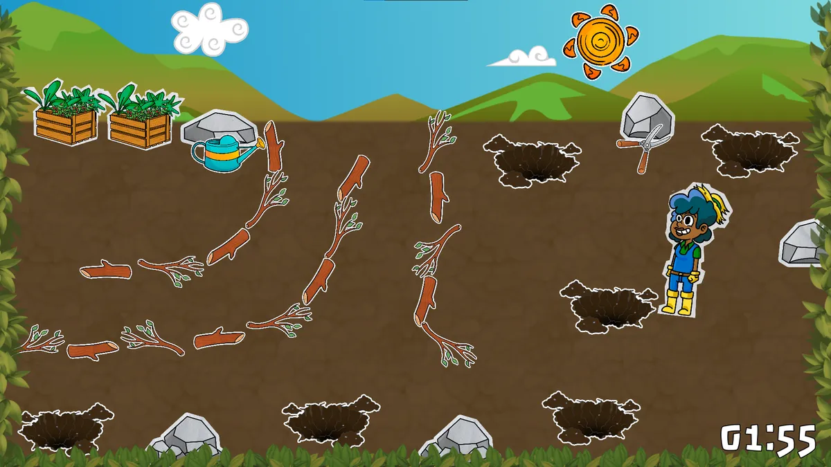 Tela do jogo educativo Raízes, com a personagem Araci replantando mudas